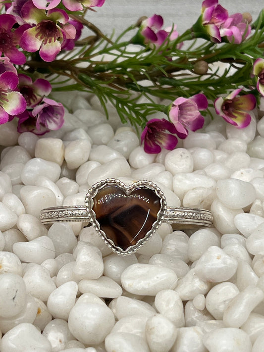 Montana Agate Heart Cuff w/Decorative Band and Beaded Accent