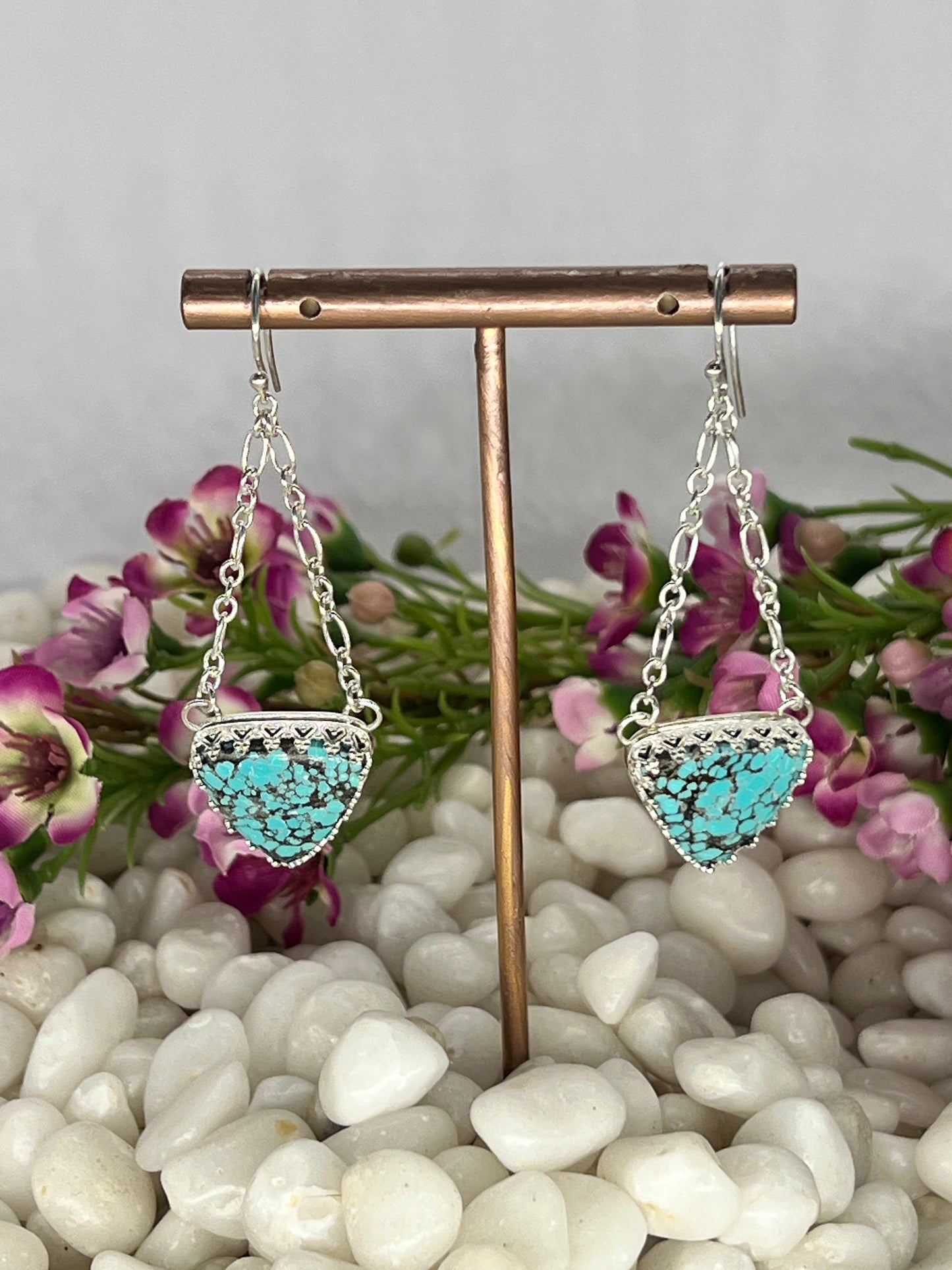 Webbed Kingman Turquoise Trillion Chain Dangle Earrings