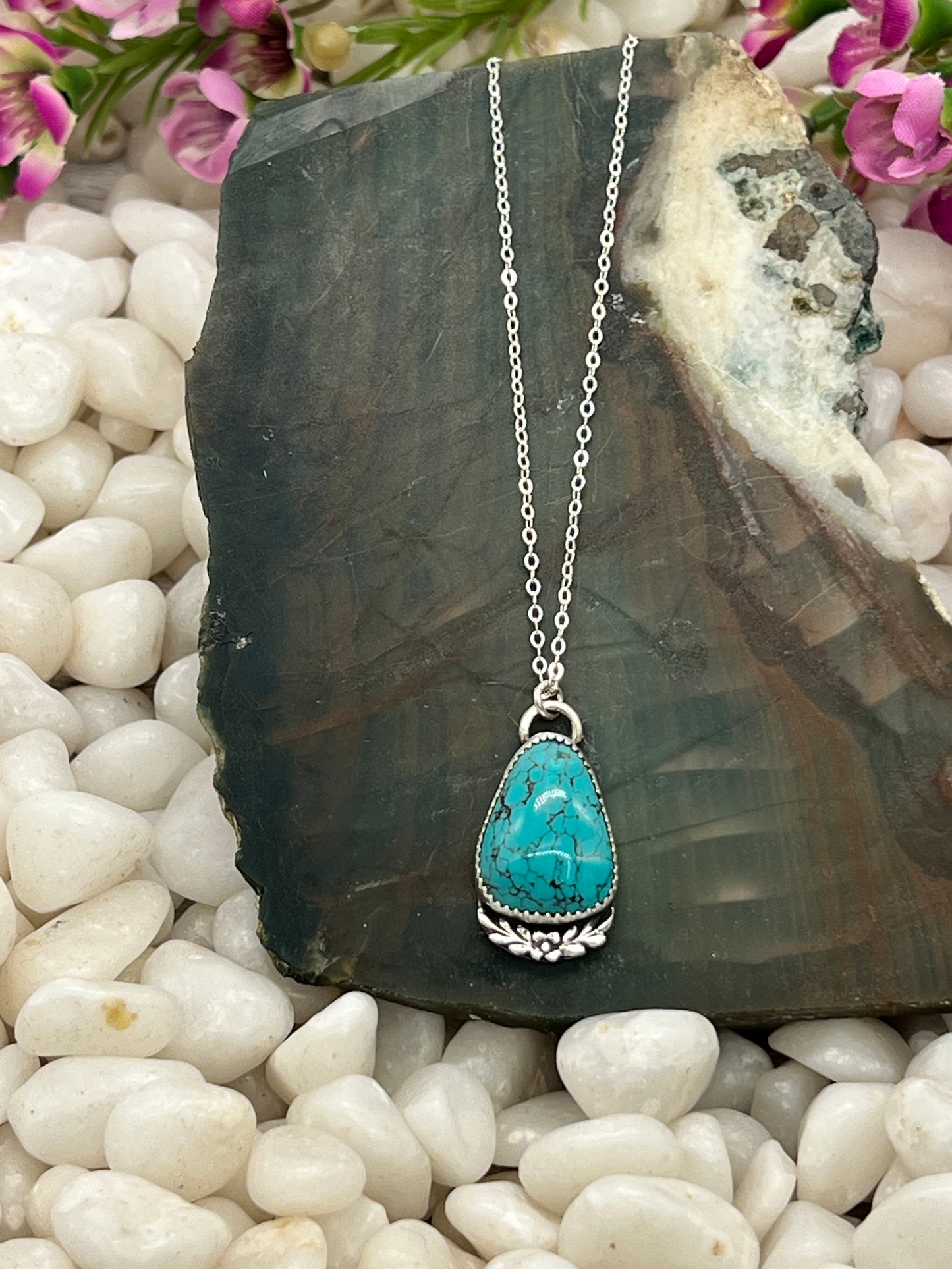 Kingman Turquoise Rounded Pear Shaped Necklace w/Flower Vine Accent