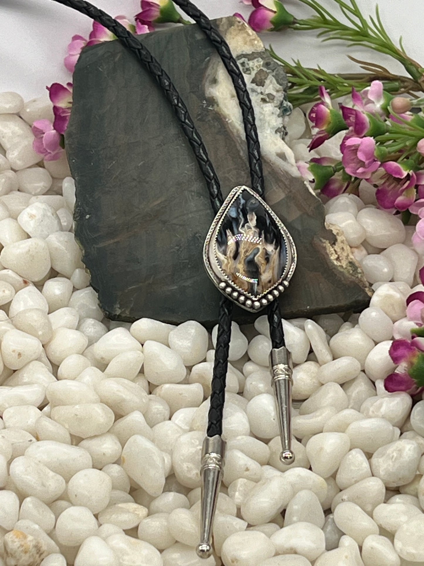 Palm Root Drop Shaped Beaded Bolo Tie