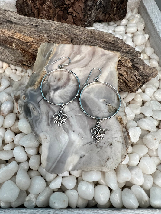 Silver Dangle Hoops w/Filigree Charms