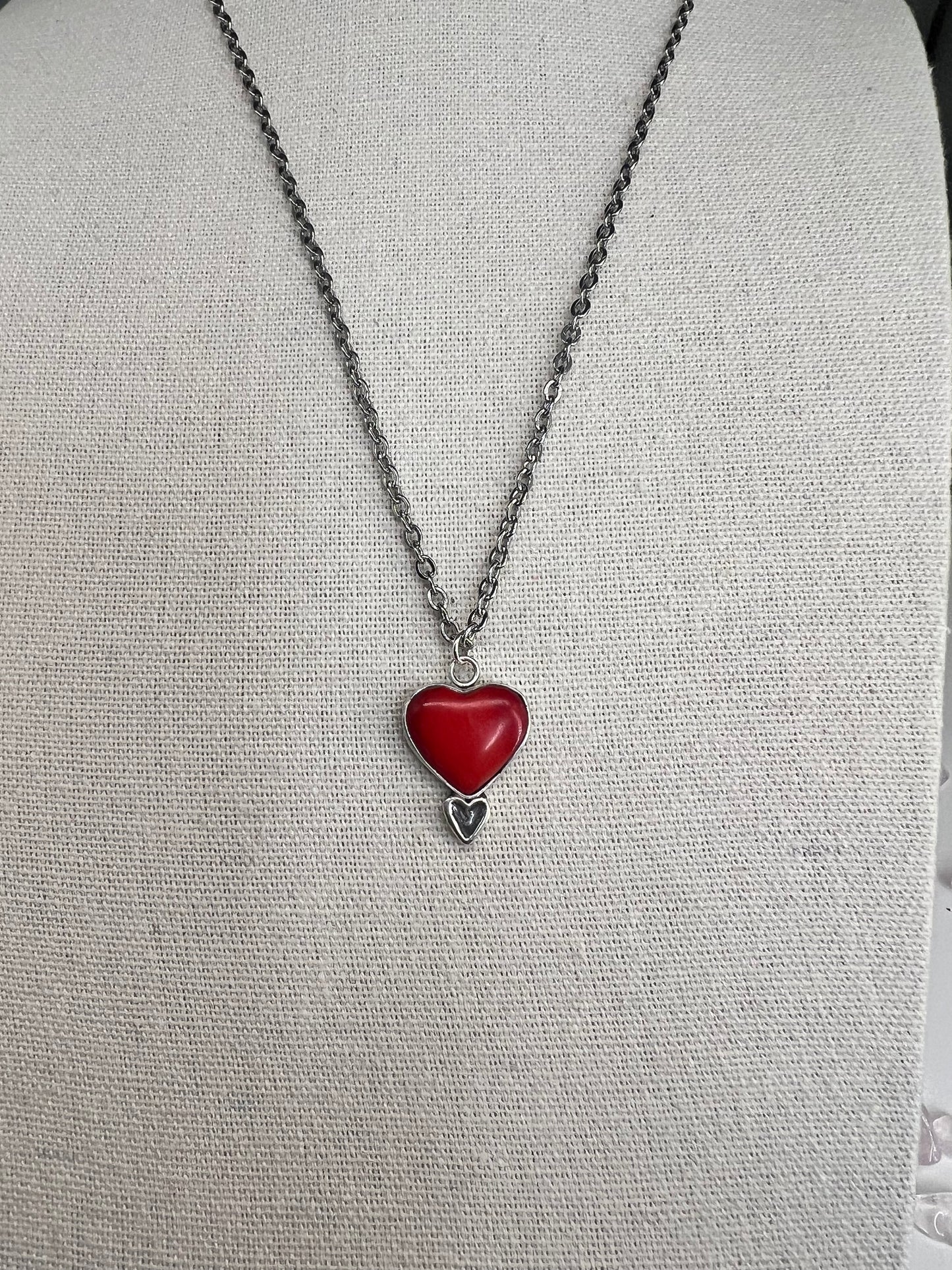 Carnelian Red Heart Necklace w/Small Silver Drop Heart
