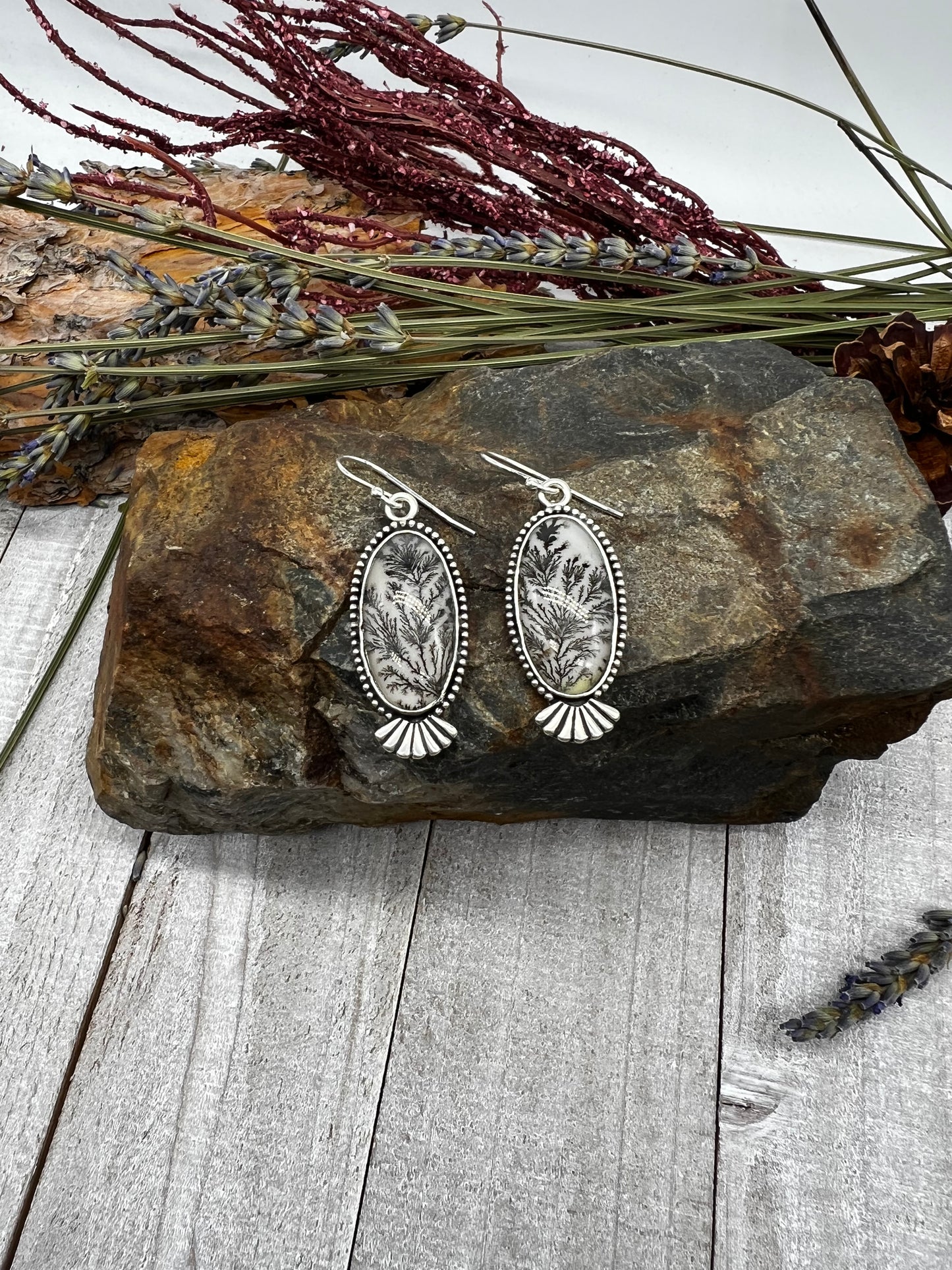 Dendritic Agate Elongated Oval Dangles - Black Charcoal Colored Vines