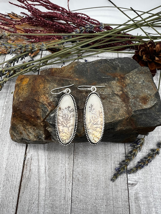 Dendritic Agate Elongated Oval Dangles - Silver Pewter Vine
