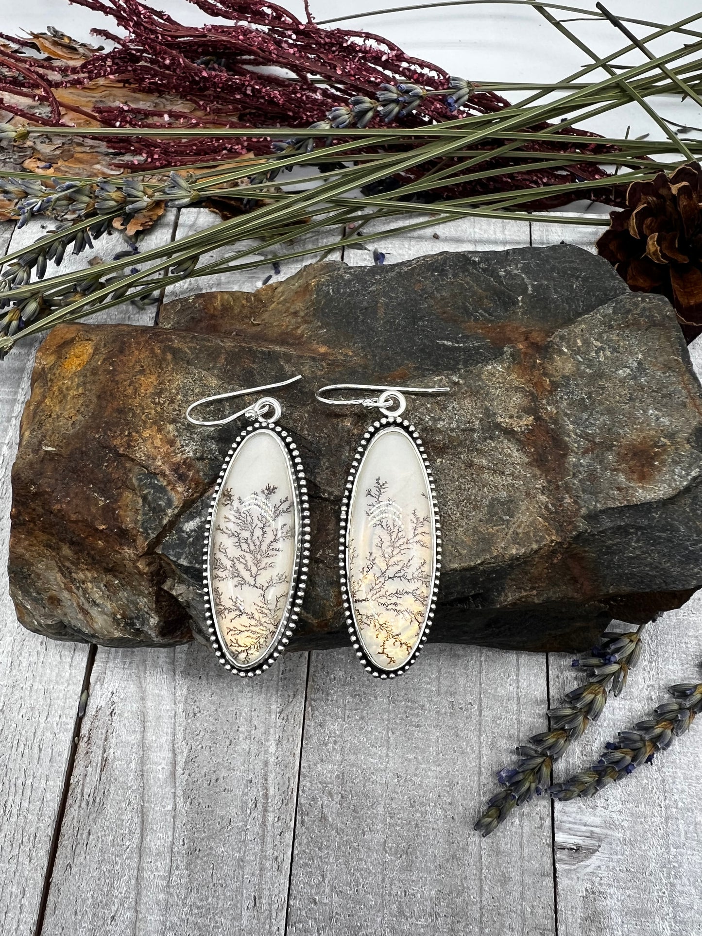 Dendritic Agate Elongated Oval Dangles - Silver Pewter Vine