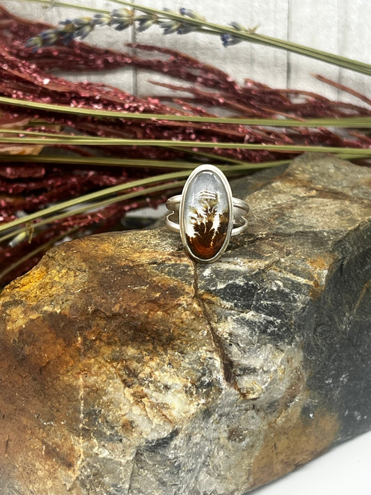 Dendritic Agate Elongated Oval - Brown Vine w/ Golden Blooms - Size 7.25