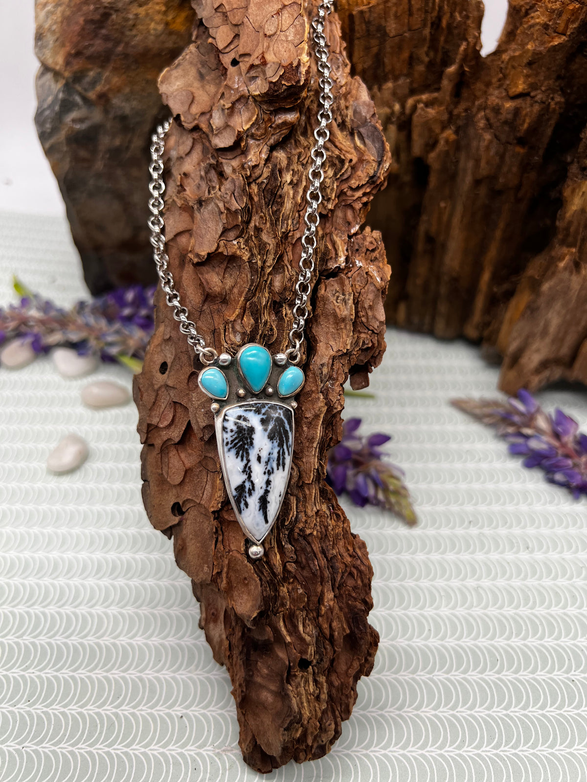 Australian Dendritic Opal & Sleeping Beauty Inverted Triangle Necklace