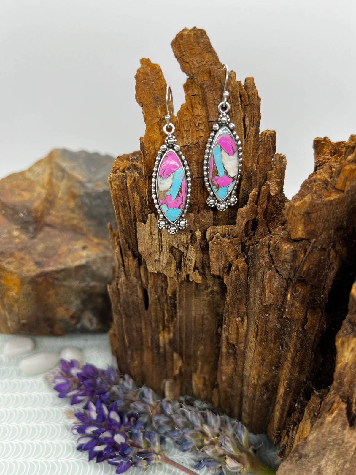 Cotton Candy Turquoise Elongated Oval Dangle Earrings