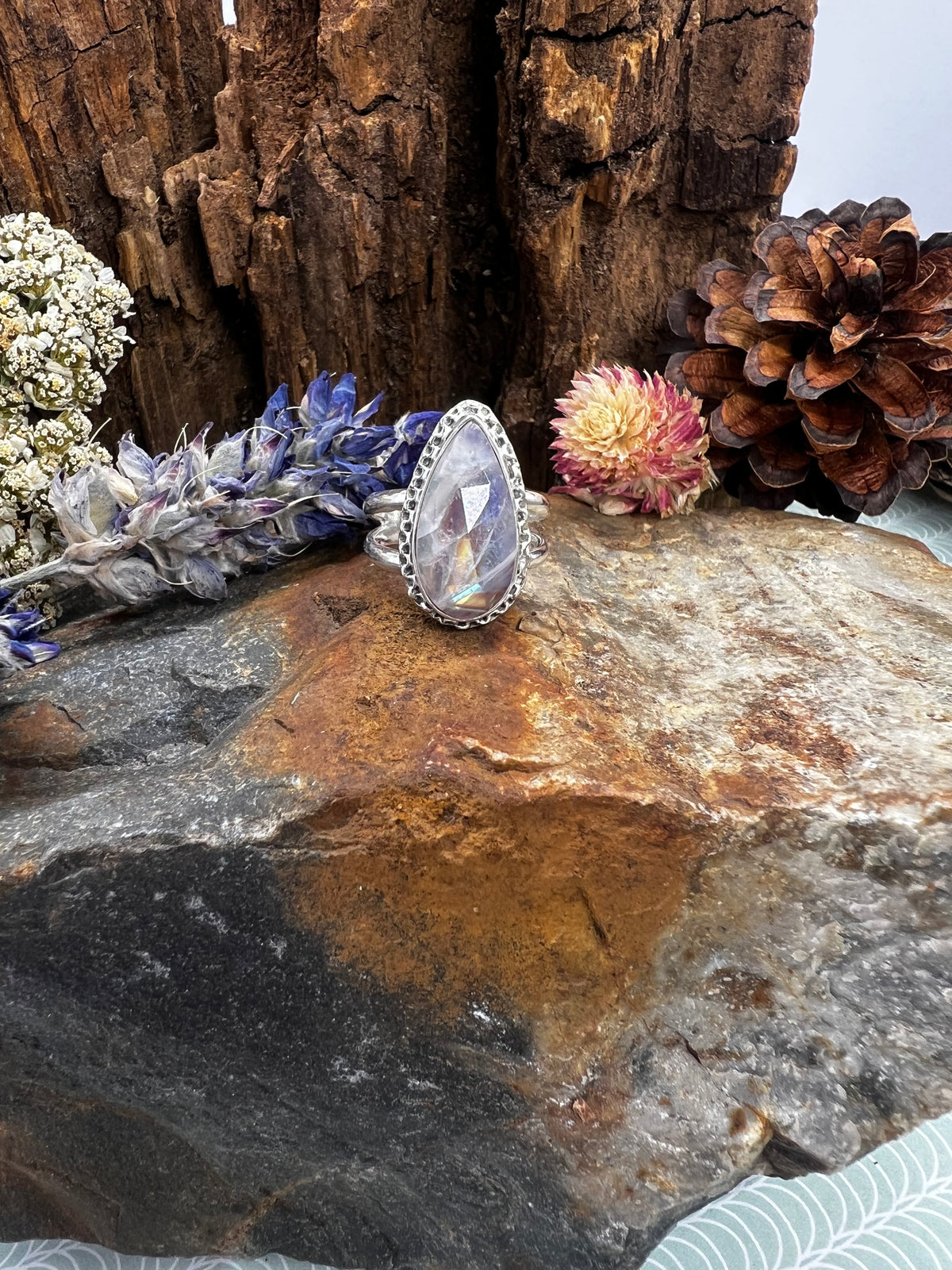 Rainbow Moonstone/Red Jasper Teardrop Ring - Size 8