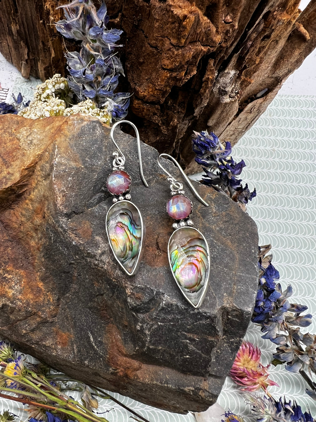 Abalone and Rainbow Moonstone/Red Jasper Dangle Earrings
