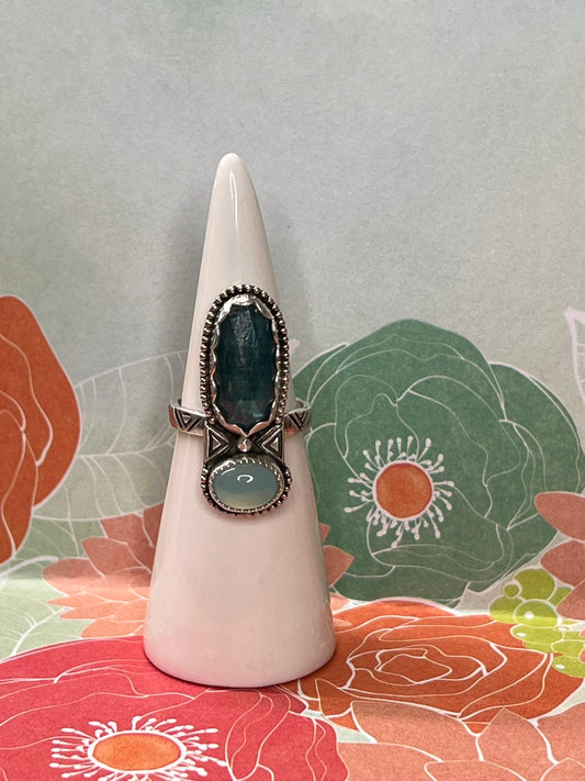Double Spring Bloom in Teal Kyanite and Blue Chalcedony Ring (Size 8.5)