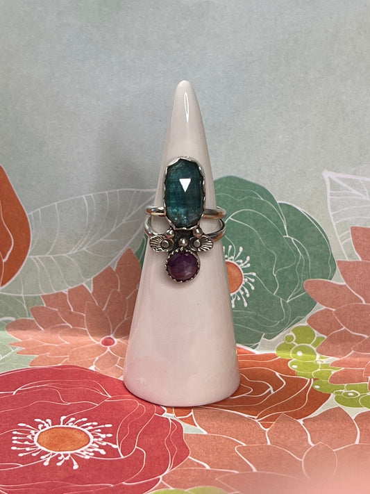 Double Spring Bloom in Teal Kyanite and Rosecut Raspberry Sheen Sapphire Ring (Size 6.5)