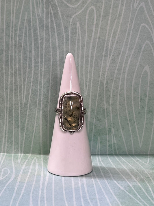 Moss Agate Baguette Shaped Ring (Size 8)
