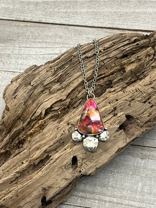 Pink Dahlia Turquoise Teardrop Hand Stamped Accents Necklace (20" Chain)