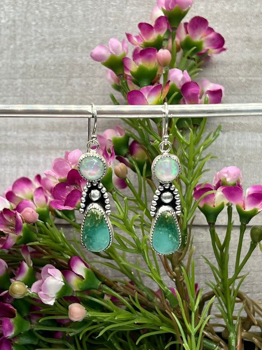 Ethiopian Opal and Sonoran Turquoise Beaded Dangle Earrings