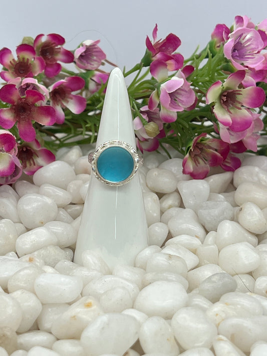 Blue Sea Glass Round Ring - Size 5.5