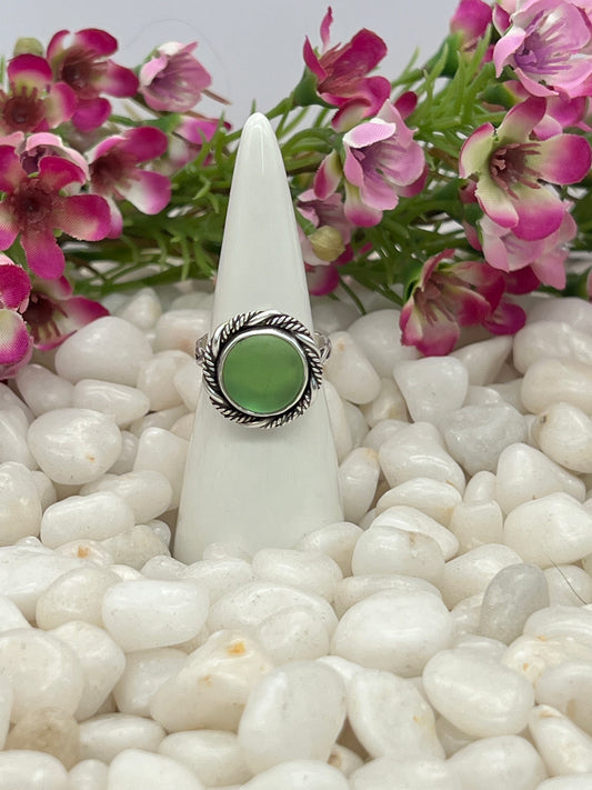 Green Sea Glass Round Ring - Size 7.5