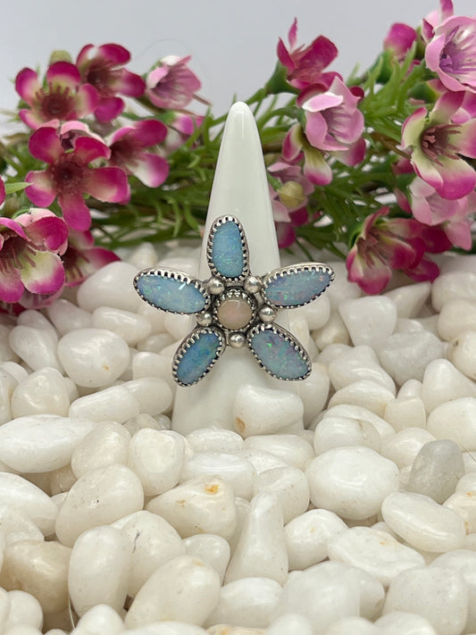 Australian Coober Pedy Opals Flower Ring - Size 8