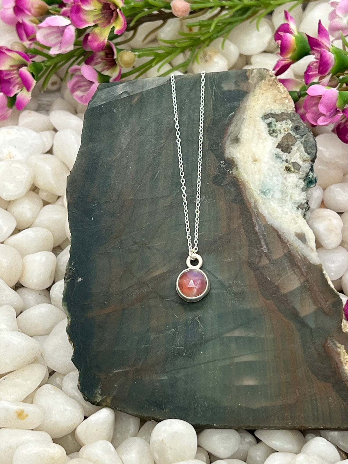 Red Jasper/Rainbow Moonstone Round Doublet Necklace
