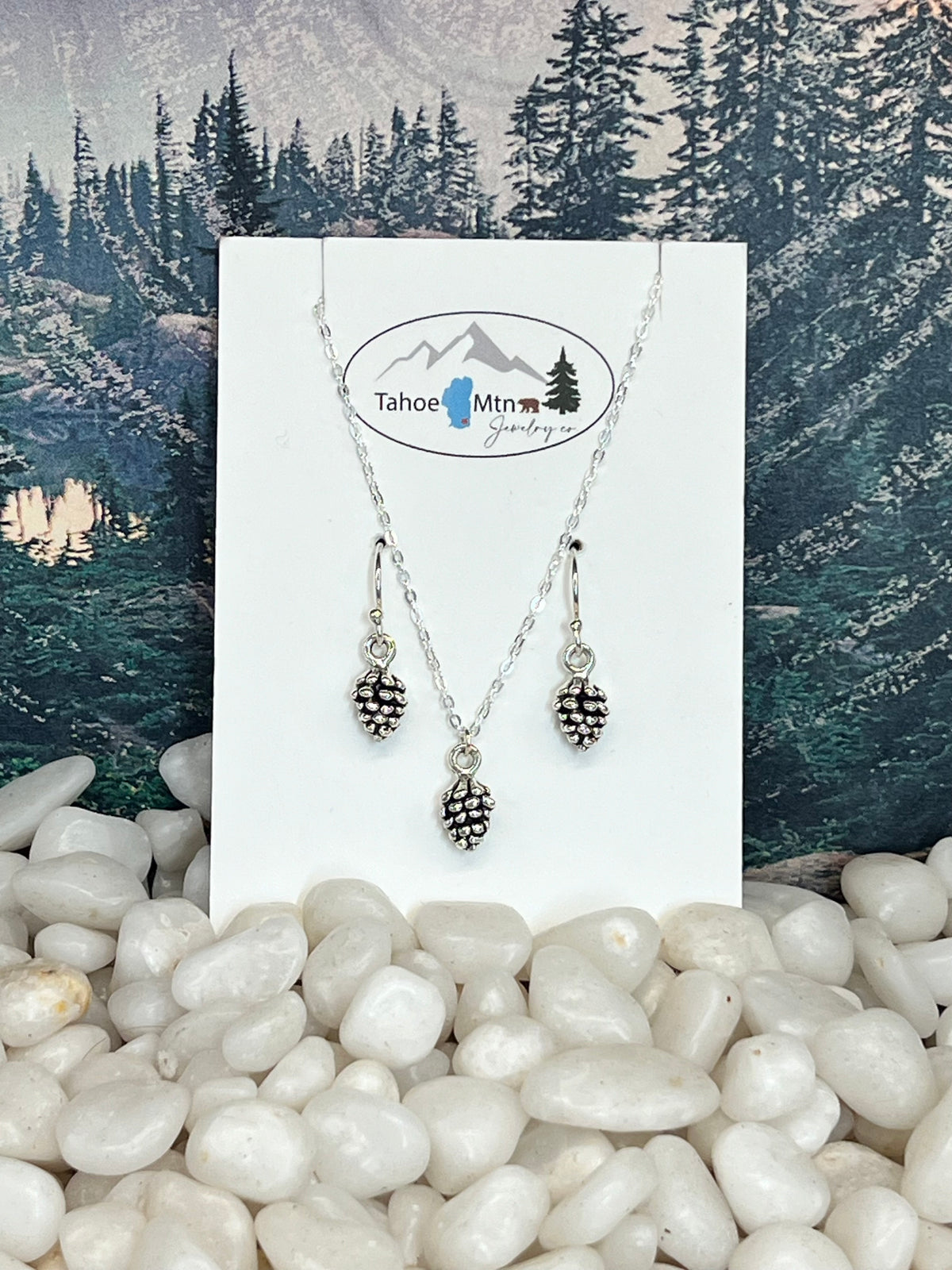 Pine Cone Necklace and Dangle Earrings Set - Patina Sterling Silver