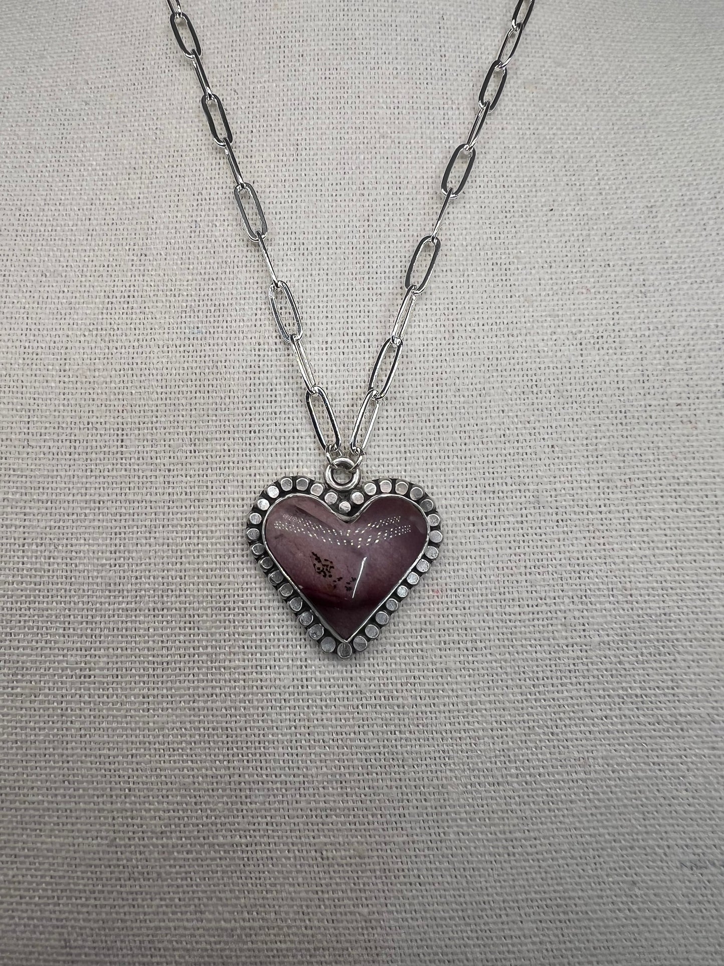 Light Plum Mookaite Heart Necklace with Hammered Beaded Setting