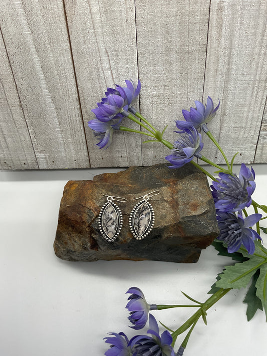 Dendritic Agate Rounded Marquis Dangles - Black Charcoal Vines