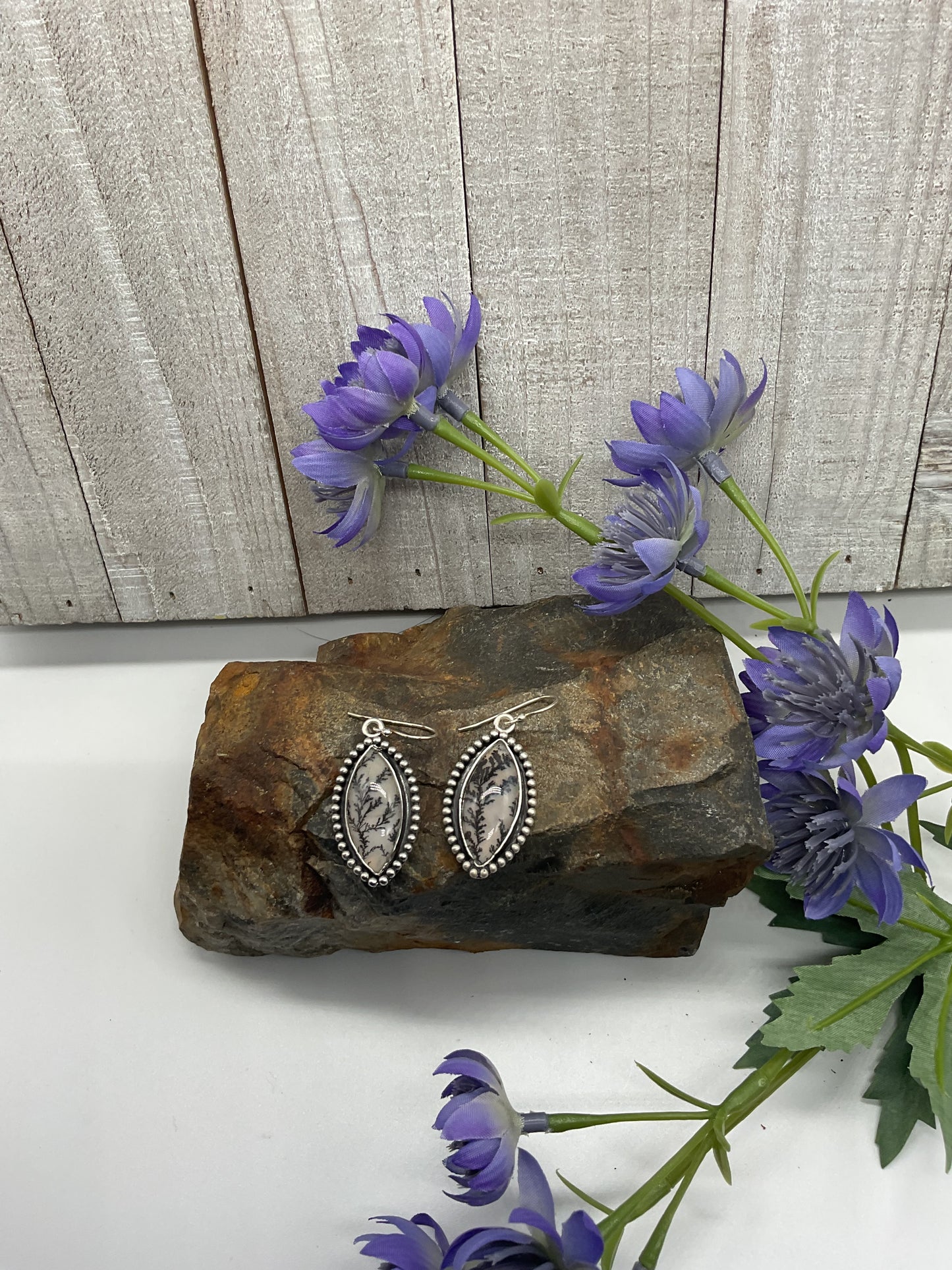 Dendritic Agate Rounded Marquis Dangles - Black Charcoal Vines