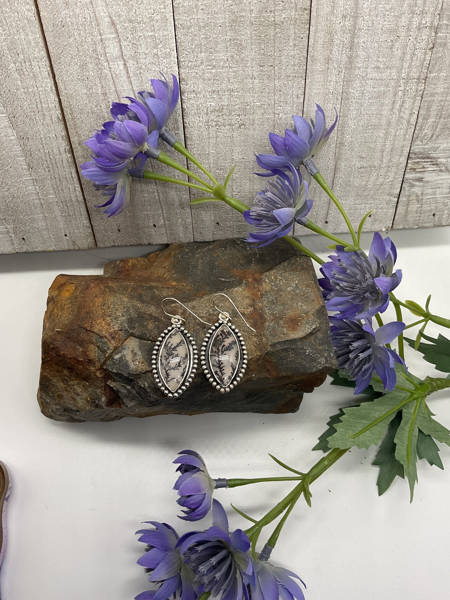 Dendritic Agate Rounded Marquis Dangles - Black Charcoal Vines