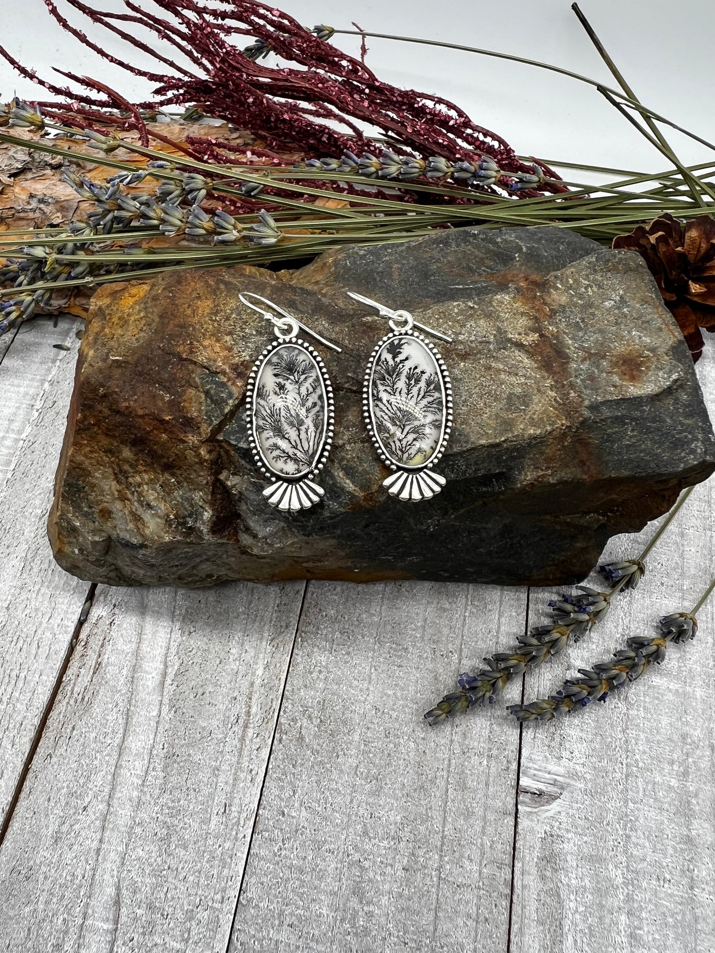 Dendritic Agate Elongated Oval Dangles - Black Charcoal Colored Vines