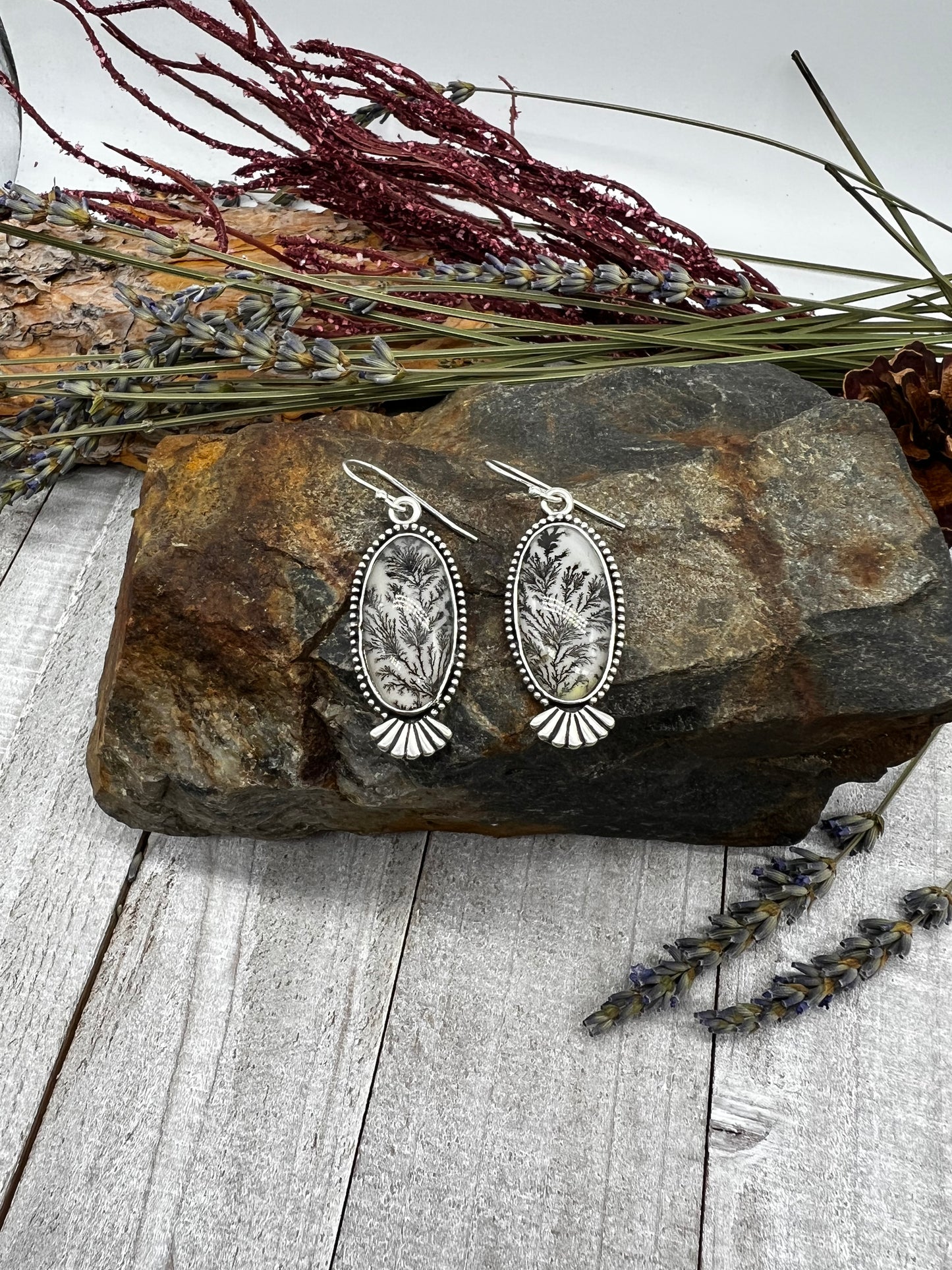 Dendritic Agate Elongated Oval Dangles - Black Charcoal Colored Vines