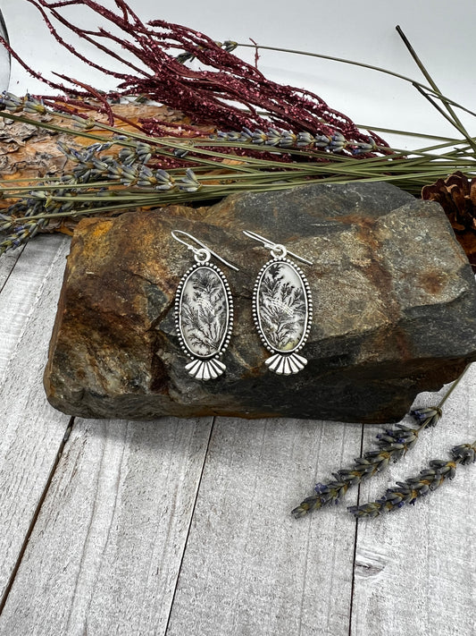 Dendritic Agate Elongated Oval Dangles - Black Charcoal Colored Vines