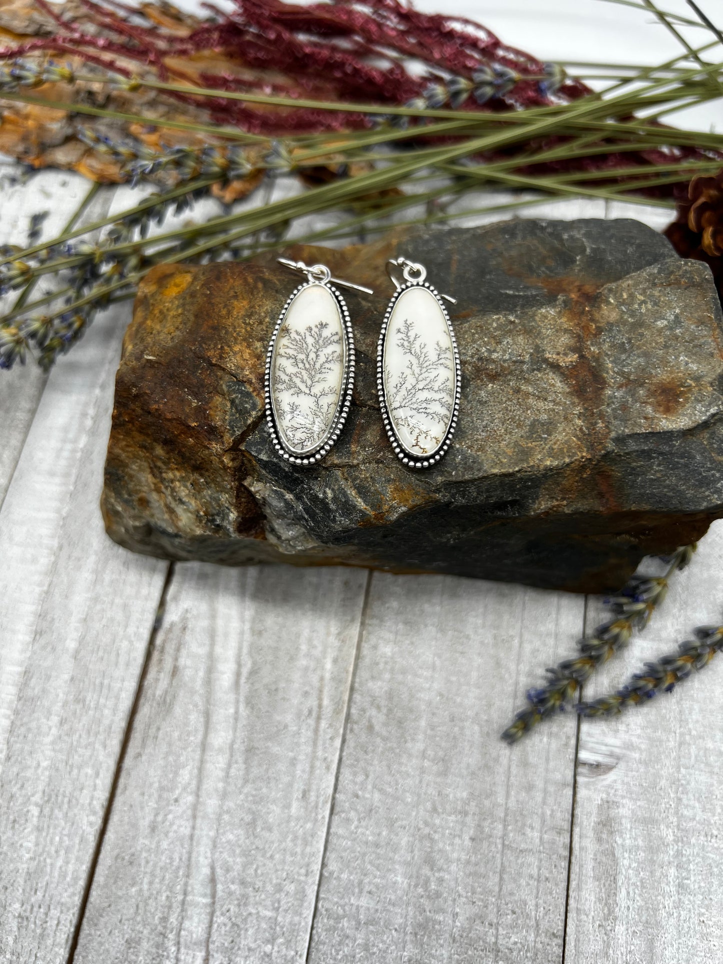 Dendritic Agate Elongated Oval Dangles - Silver Pewter Vine