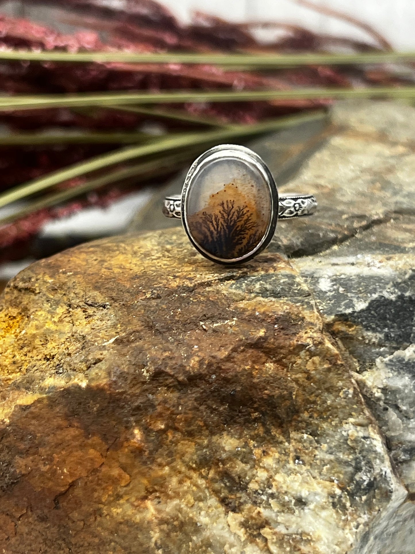 Dendritic Agate Oval Ring - Brown Vines w/Golden Orange Background - Size 7.5