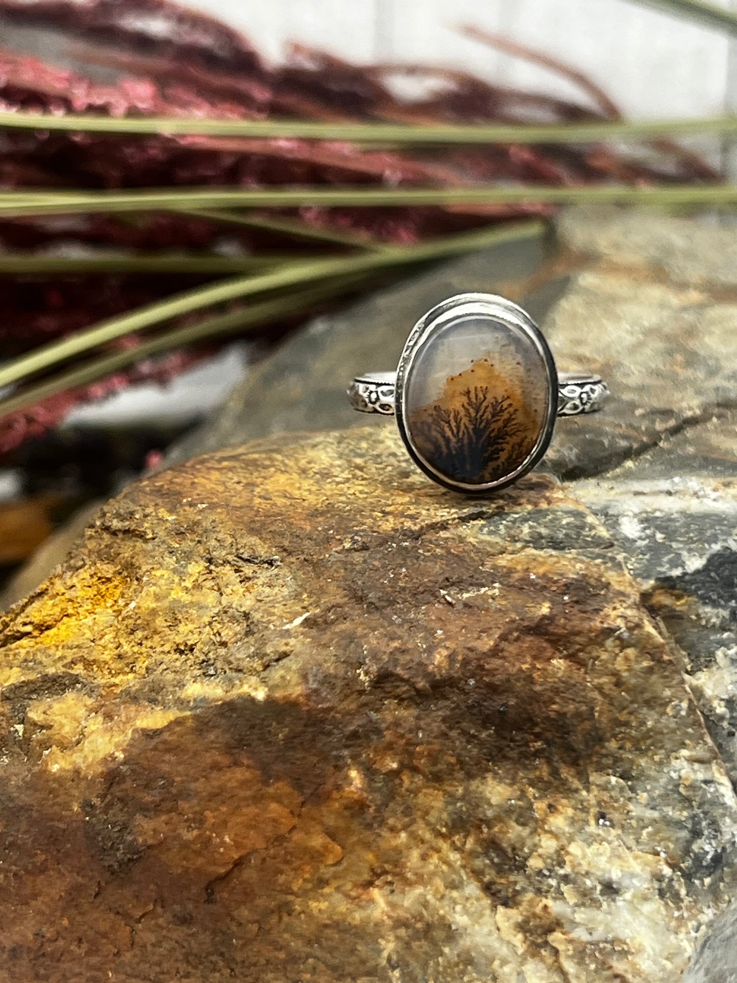 Dendritic Agate Oval Ring - Brown Vines w/Golden Orange Background - Size 7.5