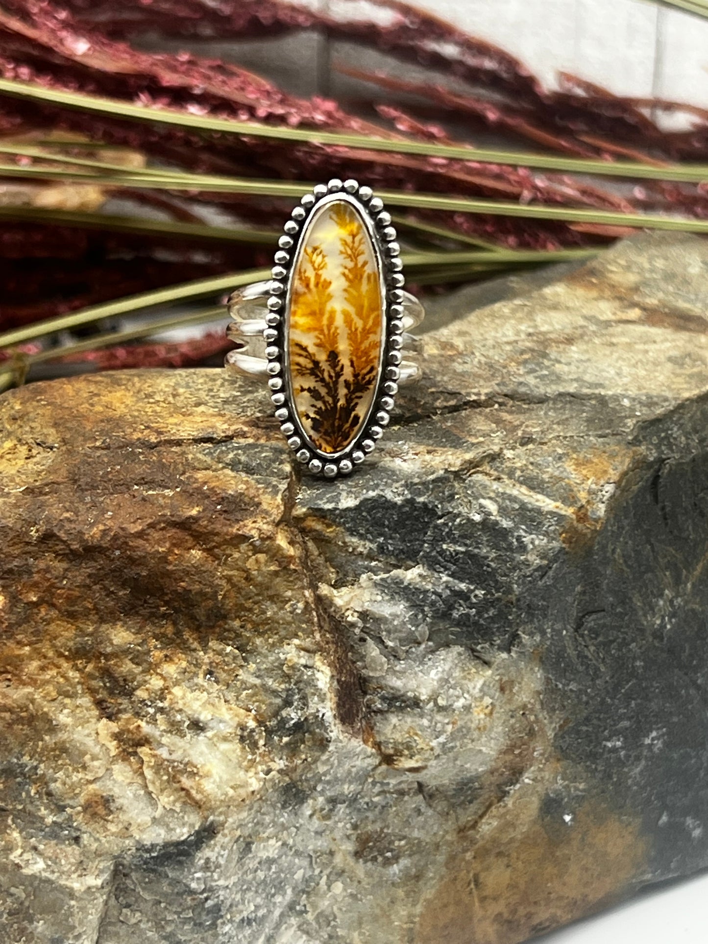 Dendritic Agate Elongated Oval - Brown & Orange Vines w/Golden Background - Size 7