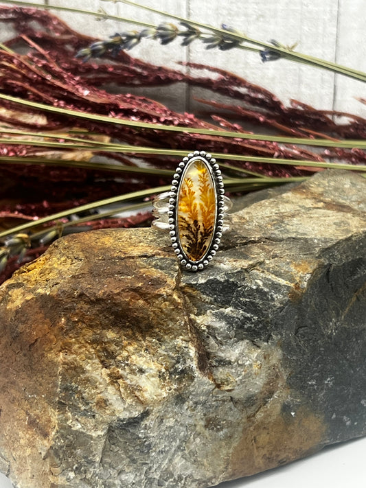 Dendritic Agate Elongated Oval - Brown & Orange Vines w/Golden Background - Size 7