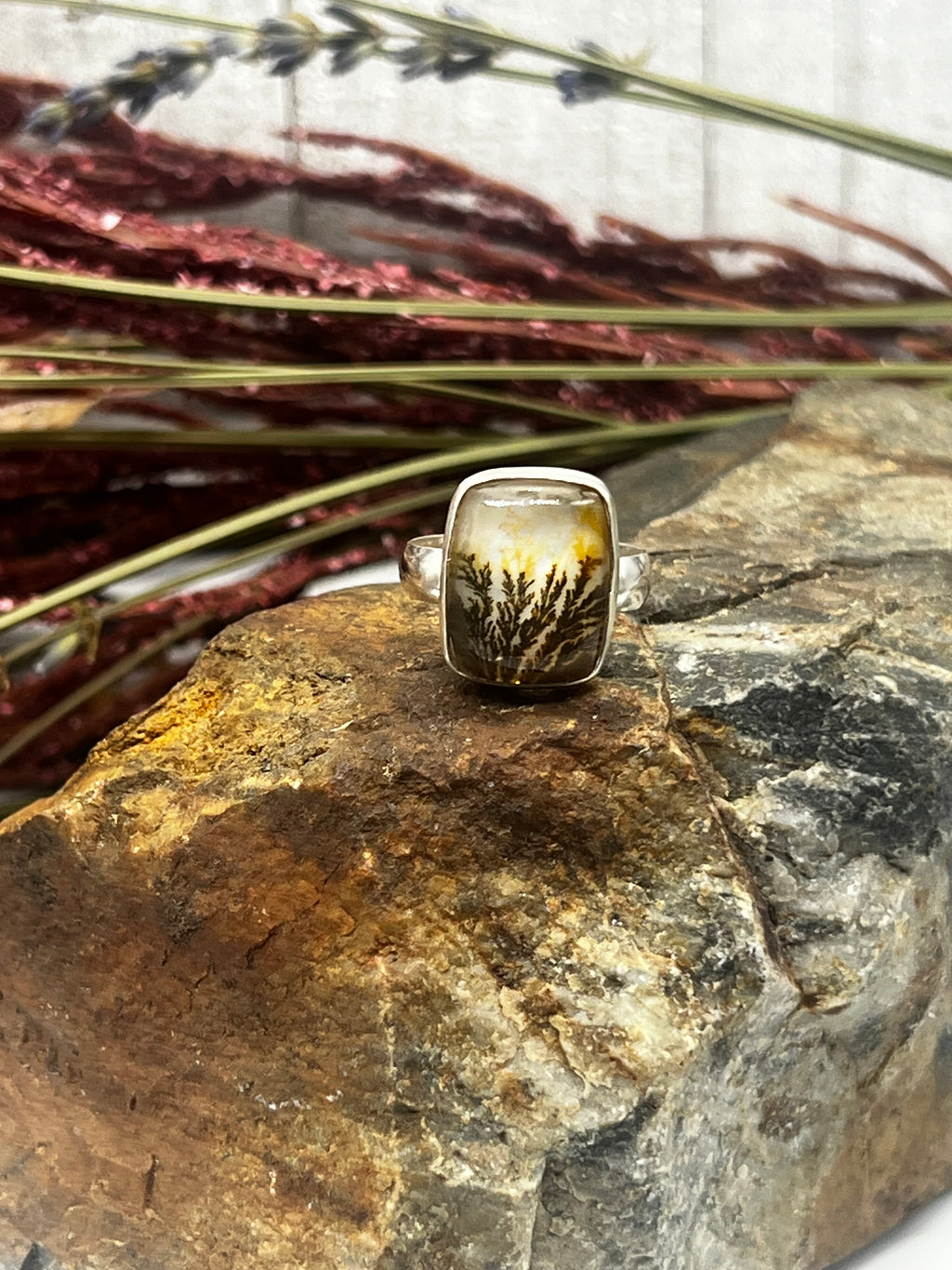 Dendritic Agate Elongated Square Ring - Size 8