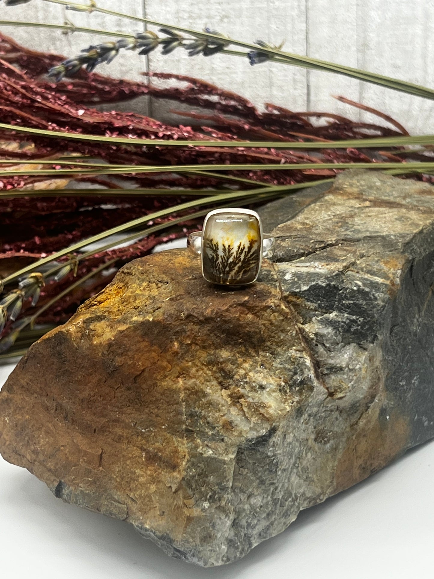 Dendritic Agate Elongated Square Ring - Size 8