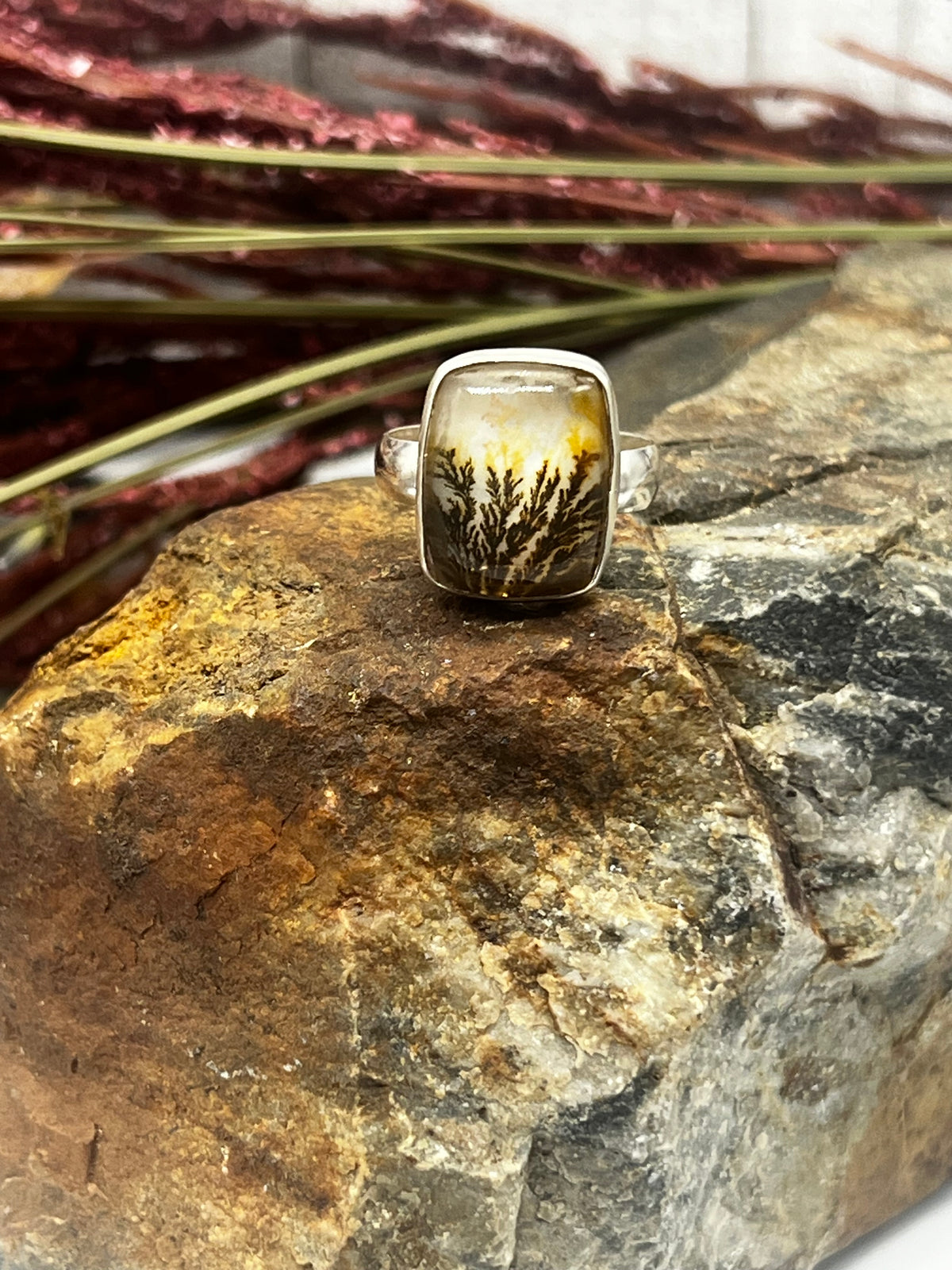 Dendritic Agate Elongated Square Ring - Size 8