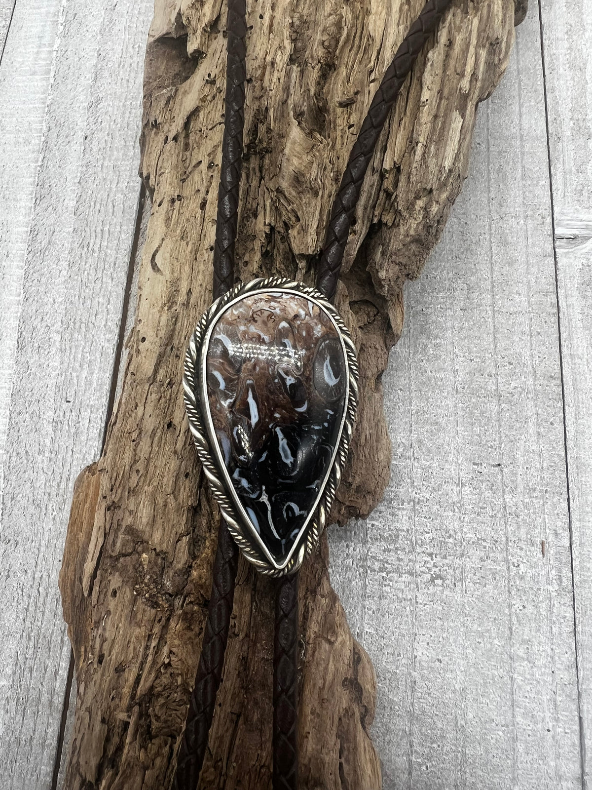 Palm Root Agate Inverted Teardrop Statement Bolo Tie