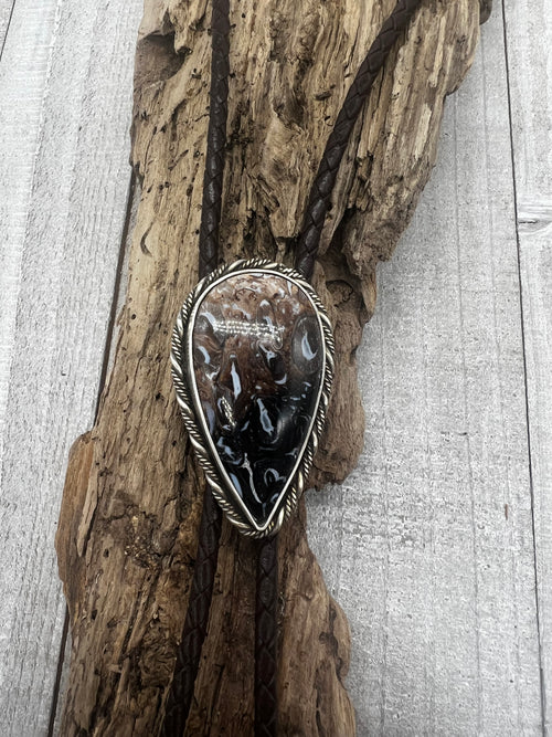 Palm Root Agate Inverted Teardrop Statement Bolo Tie