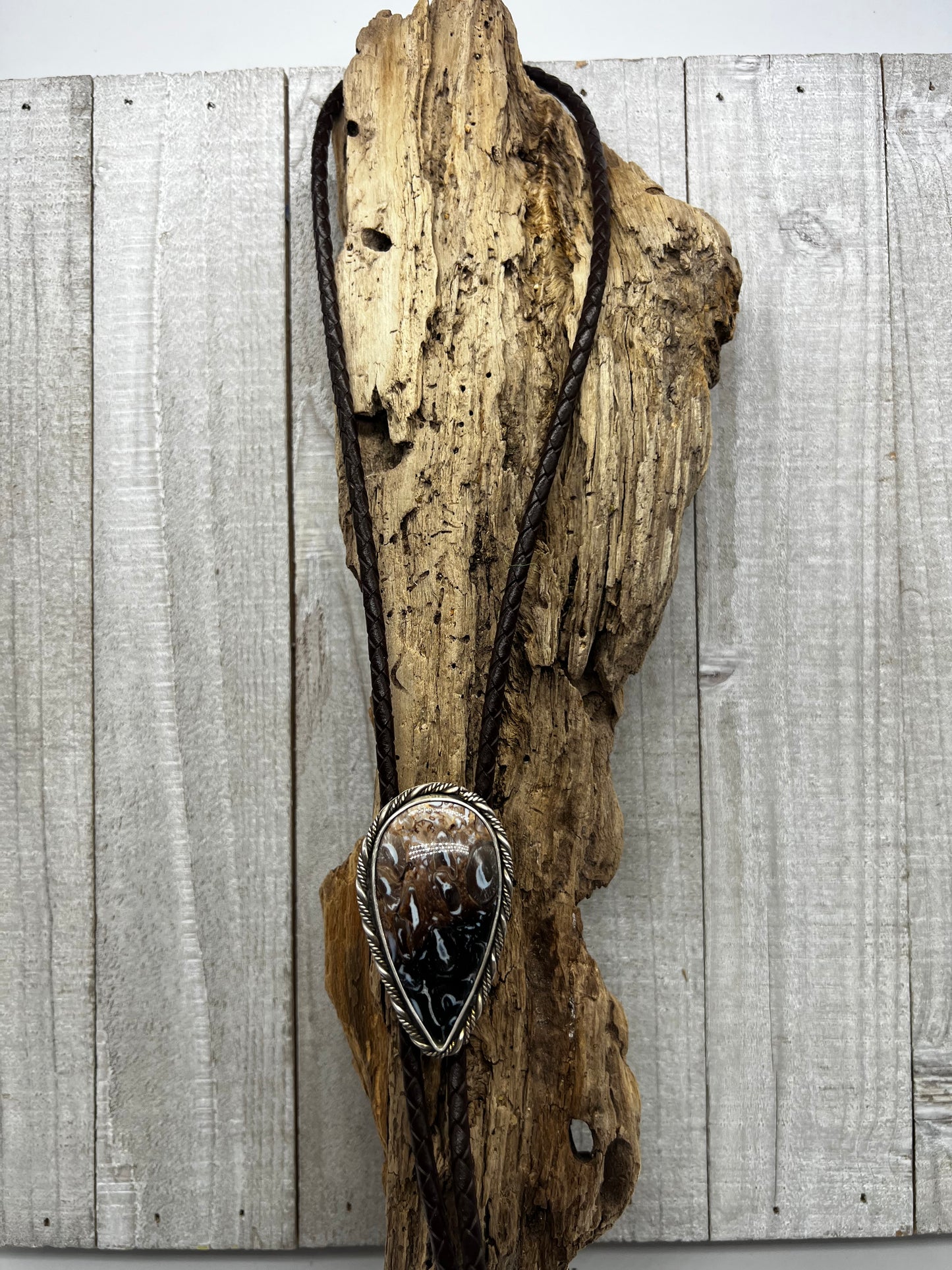 Palm Root Agate Inverted Teardrop Statement Bolo Tie