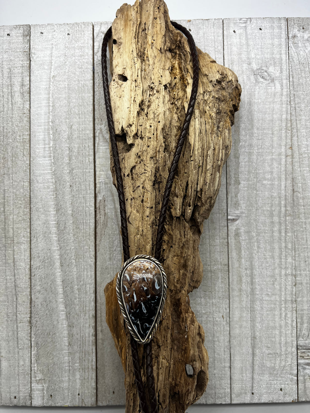 Palm Root Agate Inverted Teardrop Statement Bolo Tie