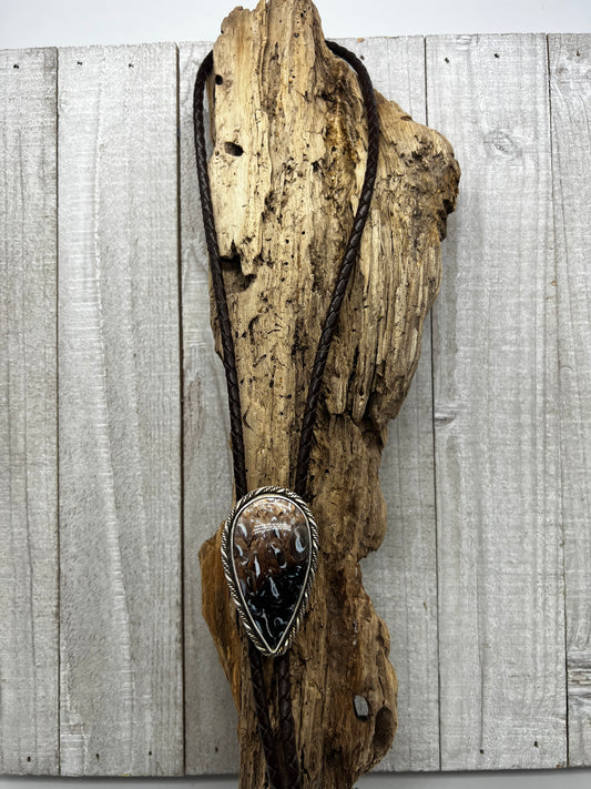 Palm Root Agate Inverted Teardrop Statement Bolo Tie