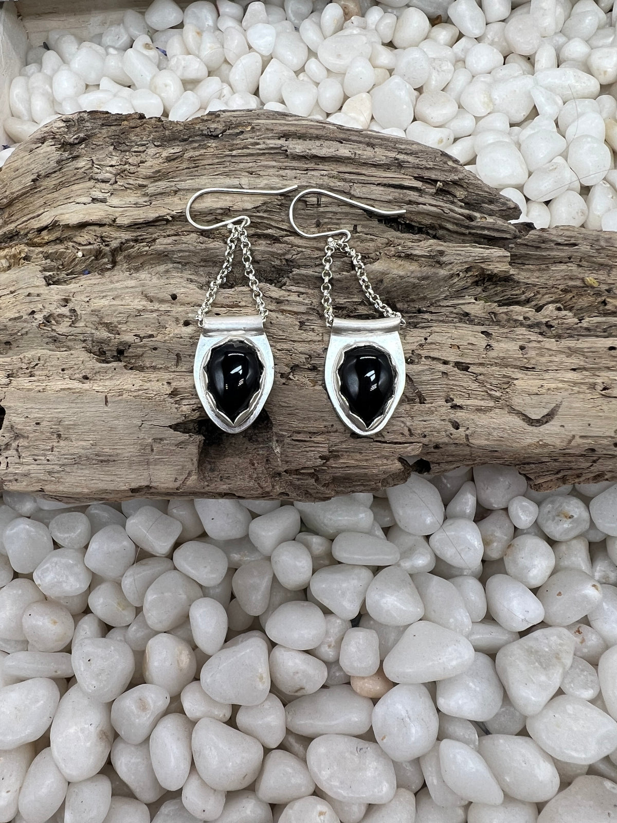 Black Oynx Inverted Pear Shape Chain Dangle Earrings