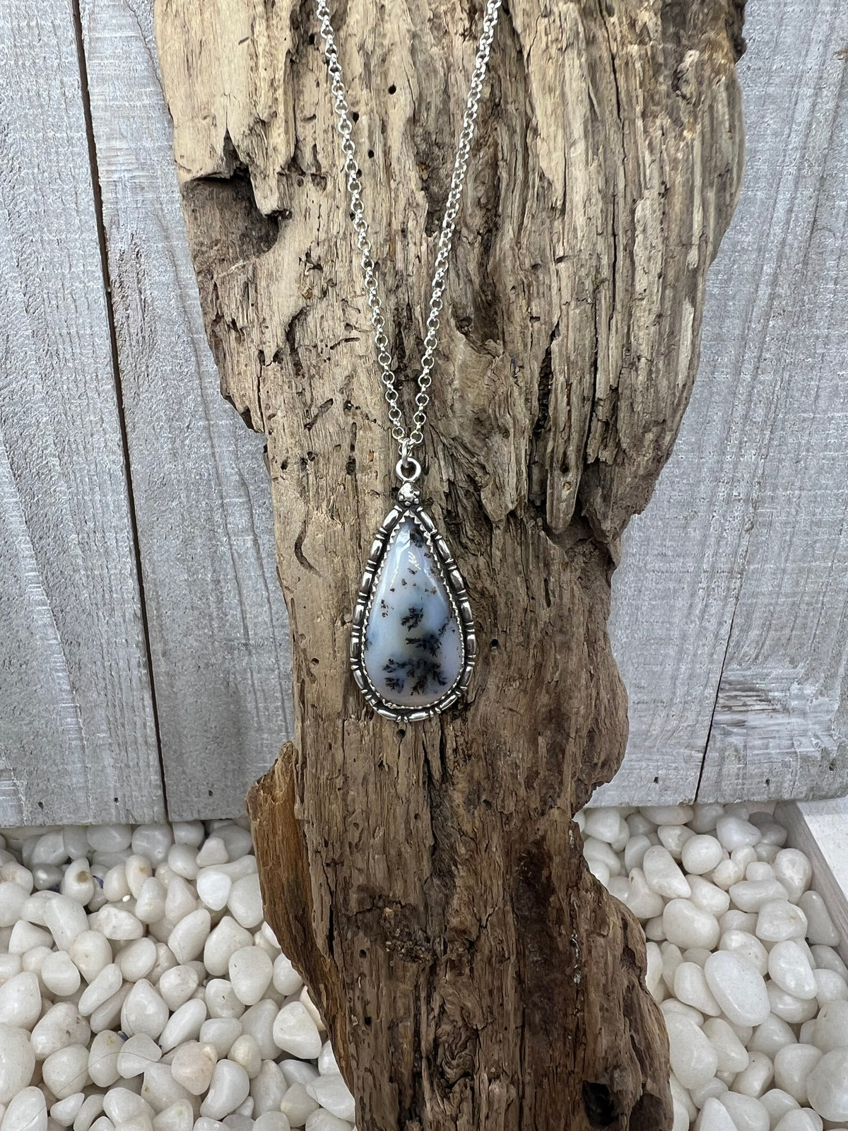 Dendritic Agate Elongated Teardrop Necklace