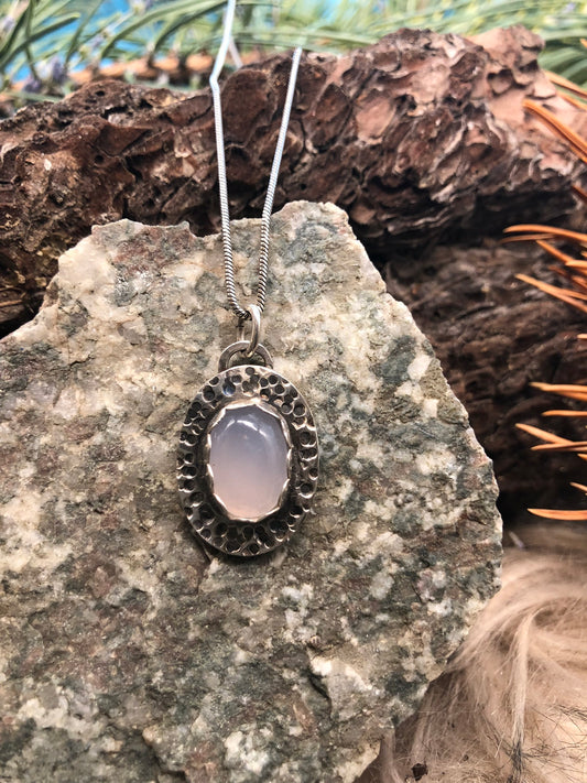 Moonstone Oval Hammered and Patinaed - 18” Sterling Silver Chain