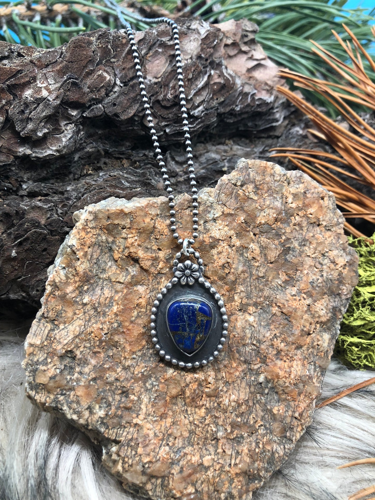 Lapis Inverted Teardrop with Patinaed Flower and Beaded - 16" Sterling Silver Chain