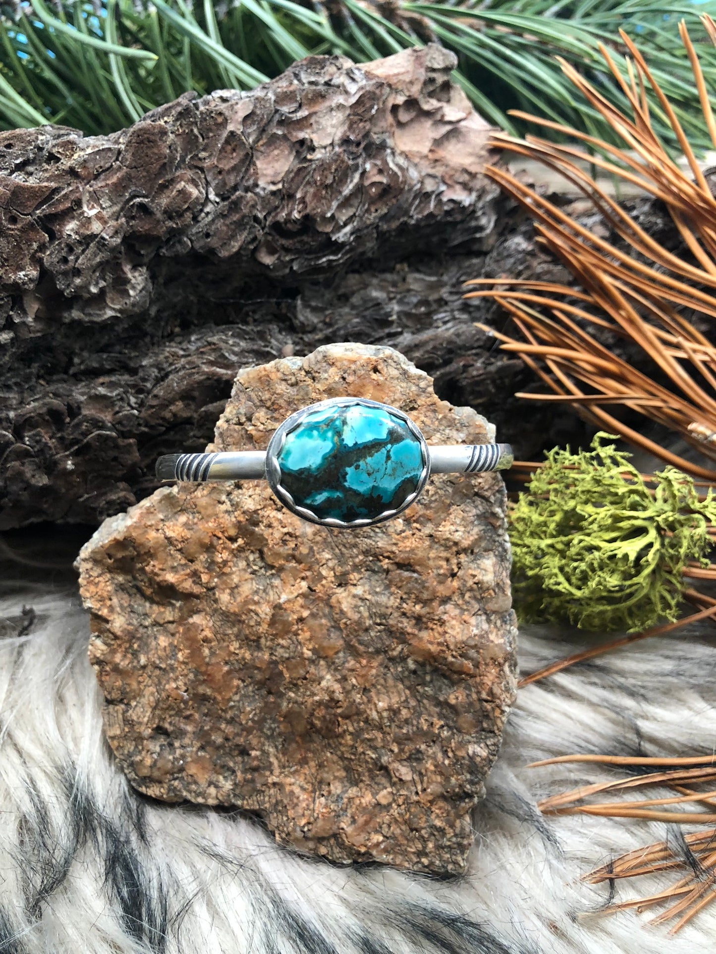 Turquoise Patina Stamped Oval Cuff
