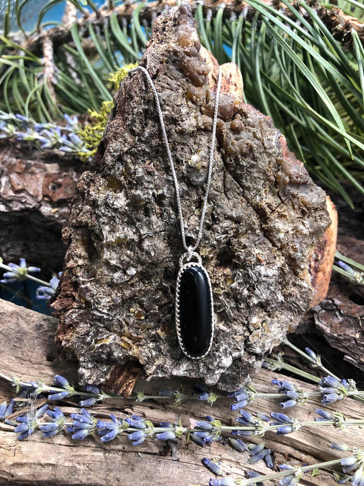 Black Oynx Long Oval Gallery Setting - 20” Sterling Silver Chain